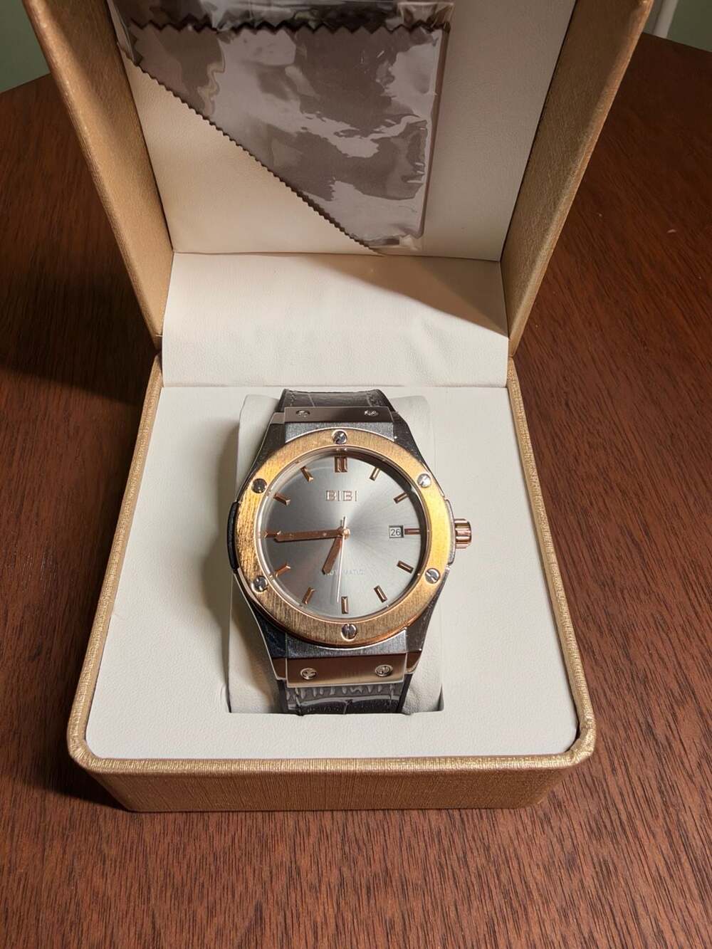 BIBI Automatic Watch Grey Dial Rose Gold Bezel Leather Strap